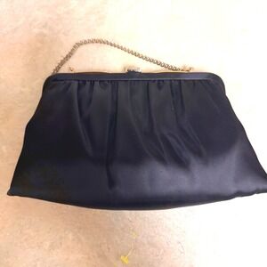Vintage Ande Black Satin Ruched Evening Clutch Bag Gold Hardware Chain Strap
